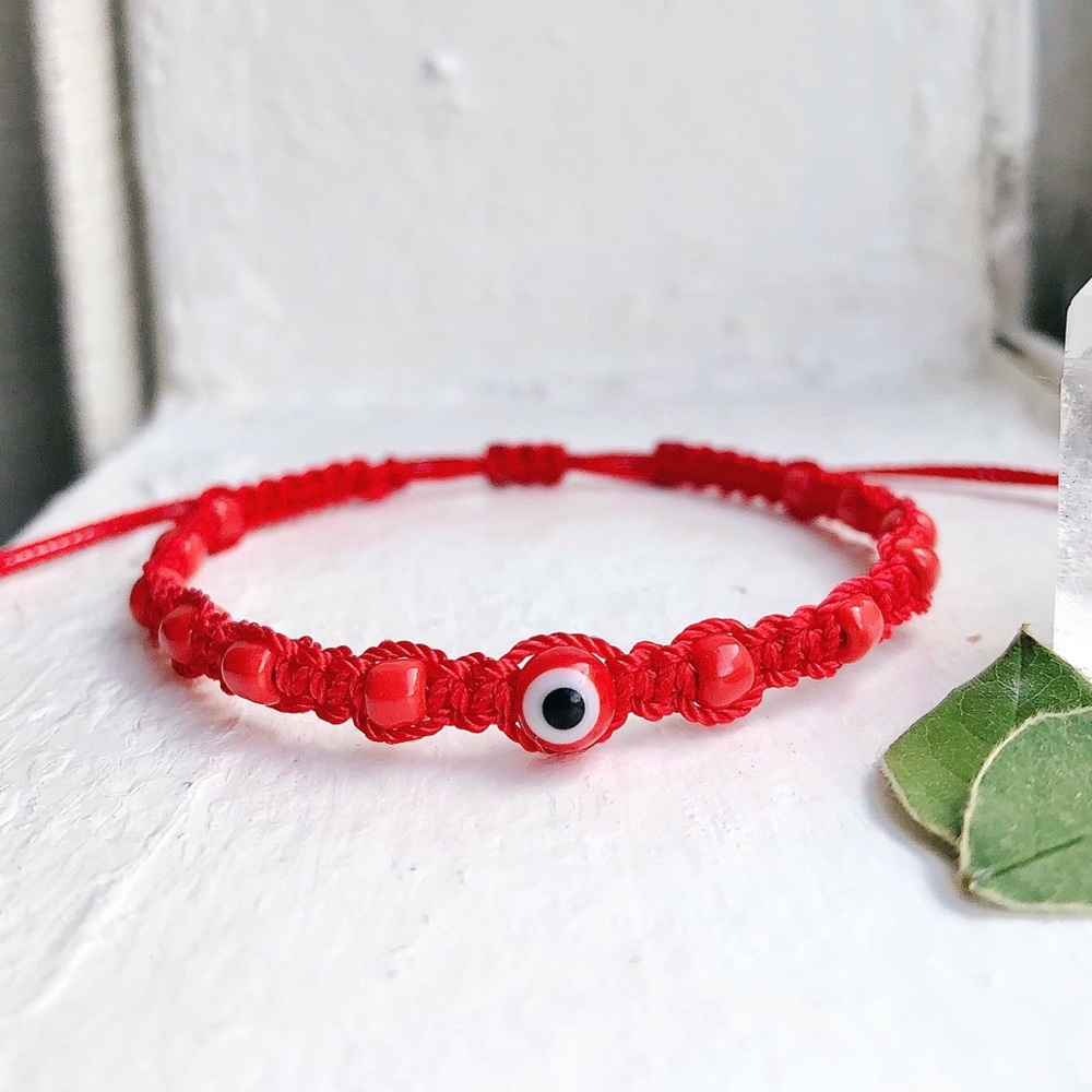 Red Turkish Evil Eye Nylon Beaded Bracelet <o>